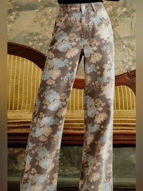 Floral Print Denim Jeans - Blue & Cream Roses